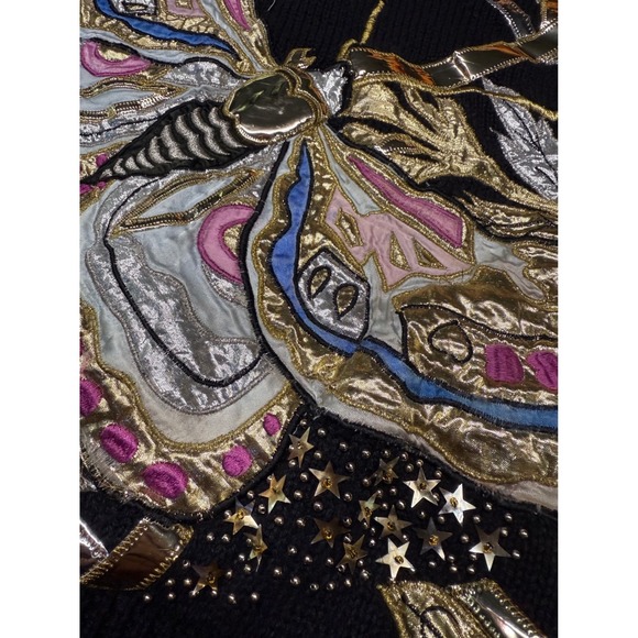 VTG Bonnie Boerer 80s Metallic Butterfly Sweater Black Ramie Cotton Macau L - Picture 3 of 4